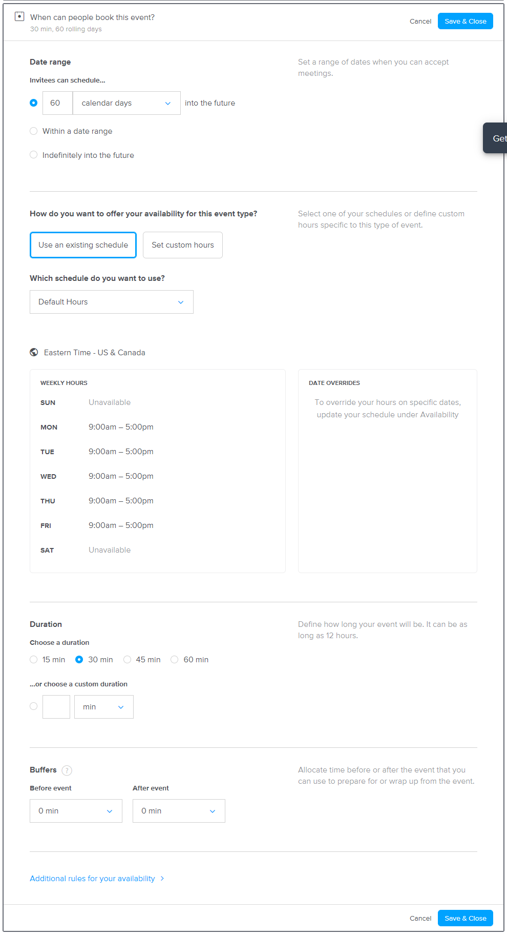 Calendly meeting event range