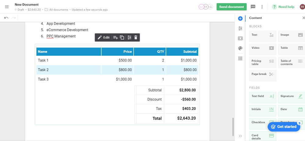 Pricing Table PandaDoc