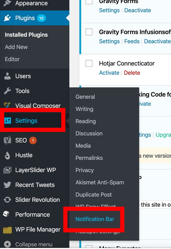 adding notification bar in wordpress